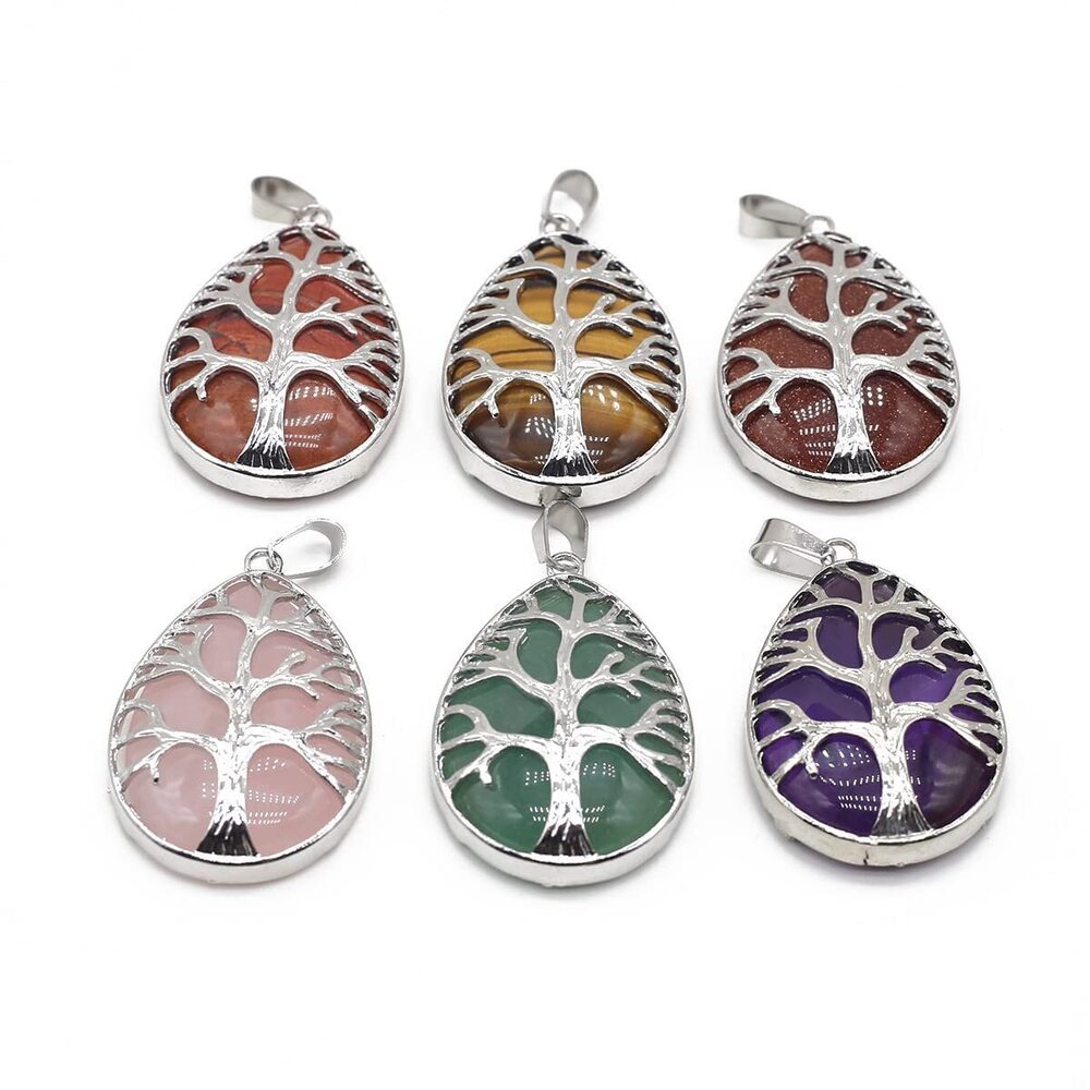 5126 5PC Natural Pendant Life Tree Opal Rose Quartz Agate Tiger Eye Healing